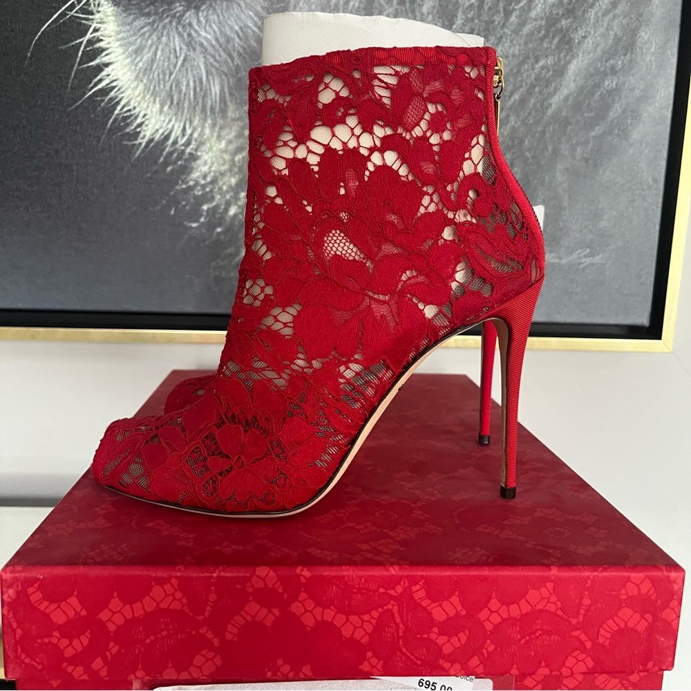 Dolce & Gabbana Red Lace Mesh peep toe bootie